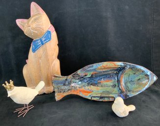 Large Wood Cat Studio Pottery Fish Dish Birds