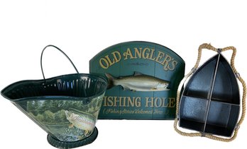 Marine Decor Meissenburg Designs Hand-painted Fishing Hole Sign Scuttle Metal Boat Party Caddy