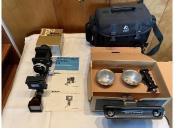 Slide Copier  With Bellows-Nikon 105mm F/4 Lens. Bell & Howell Photography Light. Everest Camera Bag.