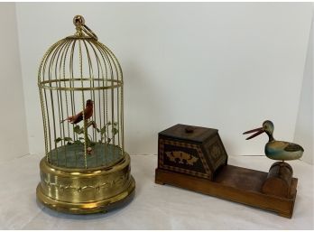 Must See Antique Singing Bird In Cage With Bird Cigarette Dispenser
