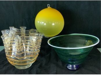 Hand Blown Signed Glass Bowls And Large Yellow Ball