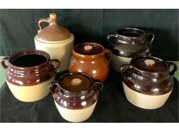 Collection Of Bean Pots With Lids Jug With Cork