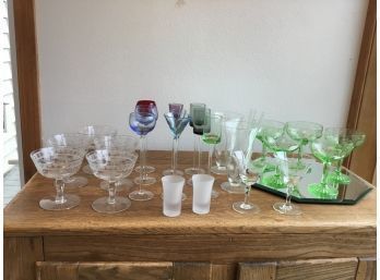 Vintage  Green Depression Glass And Hand Blown Glasses