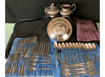Silver Plate Flatware Lot B With Creamer Sugar Bowl And Lid