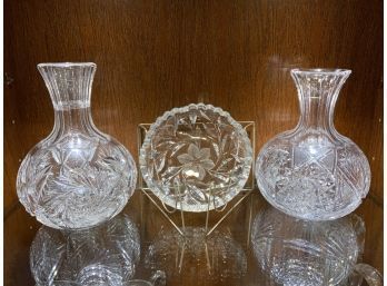 Pair Of Crystal Vases And Low Dish
