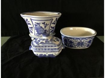 Assorted Blue And White Ceramics With Asian Design Pottery