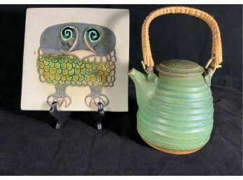 Bennington Pottery Patricia Ann Probst Teapot And Owl Tile Trivet