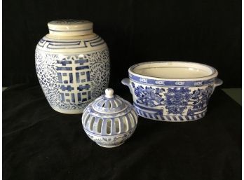 Assorted Blue And White Ceramics With Asian Design Pottery