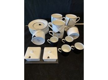 Victoria And Beale Fine China Coffee Set 4 Black Demitasse 2 White Sugar Containers  On A Black Tray