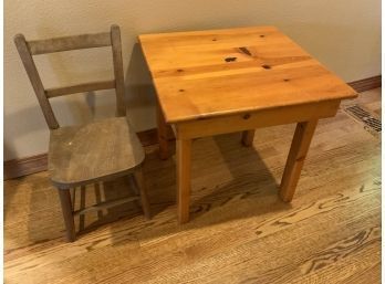 Antique Wooden Children's Chair And Small Pine Wood Table.