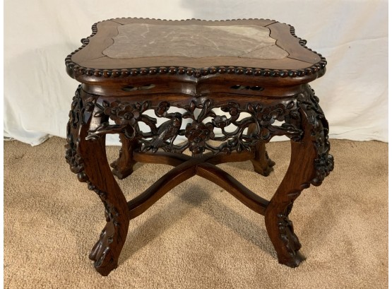 Small Antique Wood Carved Table/ Stool With Marble Top