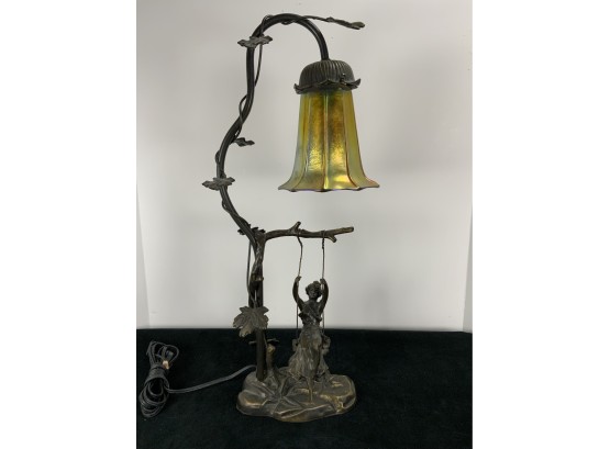 Art Nouveau Bronze Lamp With Swinging Girl M. Moreau