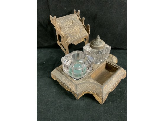 Geometric Cast Iron? Standish Double Inkwell  Victorian Gothic