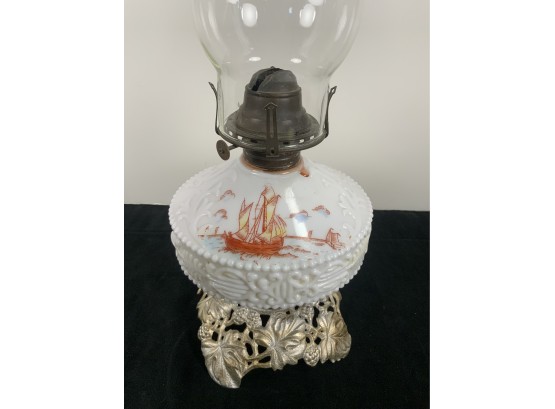 Antique Hand Painted Sailboat On Milk Glass Kerosene Oil Lamp