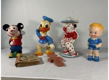 Vintage Walt Disney Productions Mickey Mouse Donald Duck Plus Dutch Bust And Handmade Teddy
