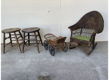 Antique Children's Rocker, Small Wicker Doll Stroller And Pair Of Vintage Wood Stools