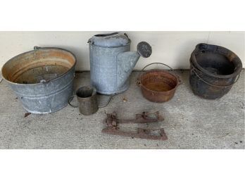 Assorted Vintage Metal Containers, Cast Iron Pots, Griswold, Ice Skates, Watering Can, Pail