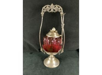 Rockford Co Silverplate Pickle Castor Strawberry With Lid And Tongs Cranberry Ruby Glass