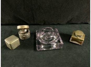 Antique Metal Travel Inkwells And Uranium Glass Inkwell