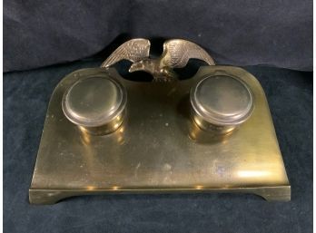 Antique Brass Metal Standish With Dual Glass Inkwells
