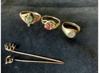 Three 10k Gold Women's Rings, Two 10k Gold Stick Pins With Stone Settings