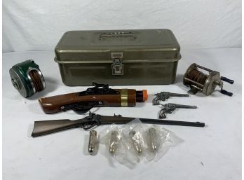 Vintage Shakespeare Fishing Reels, Toy Handguns, NRA Silver Bullets, Metal Hinged Box
