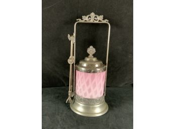 Pink Satin Quilted Pickle Castor Plate With Lid And Tongs