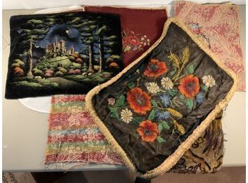 Assorted Vintage Fabric Swatched, Velvet Painting, Hand Stitched Pillow Sham