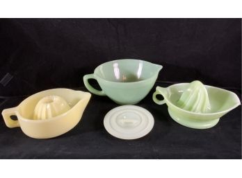 Assorted Jadeite And McKee Seville Yellow Glass Reamer Grease Bowl Lid
