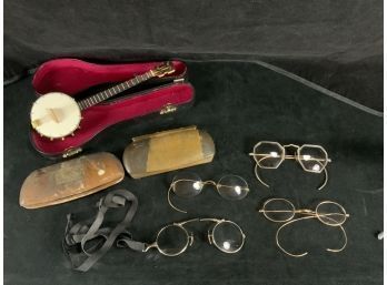 Antique Eyeglasses And Miniature Banjo Wood Music-box With Case