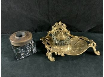Antique Glass And Metal Standish Inkwell Lilly Of The Valley Sengbusch Selfclosing Inkstand Co