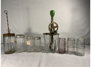 Collection Of Vintage Glasswares, Butter Churners, Shakers, Cruet Jars
