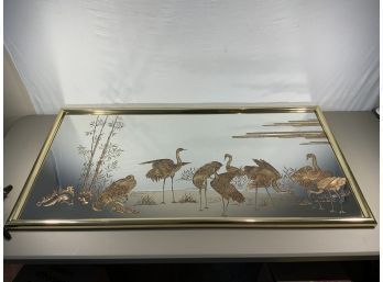 Large Decorative Art Mirror Gold Cranes Bamboo