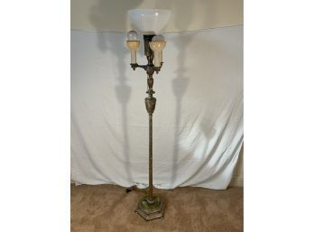 Antique Metal Floor Lamp With Glass Shade Four Bulb