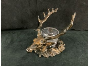 Antique Metal Elk Head Standish And Glass Inkwell