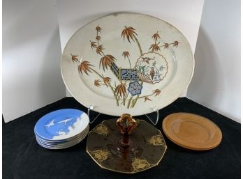Very Large Ceramic Platter Glass Gilded Serving Tray RS Japan Crane Plates Heavy Glass Bird Plates