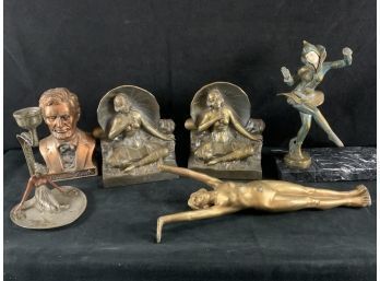 Nice Lot Of Metal Art Sculpture Gerdago Harlequin Hirsch Maiden Gilded Bookends