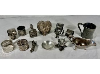 Assorted Vintage Metal Plated, Decorative, Napkin Holders, Creamer, Mug, Heart Shaped Box, Misc Pieces