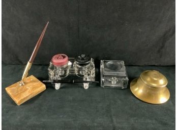 Antique Metal Glass Standish Inkwell Pen Holder Collection