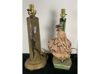 Duo Of Antique Metal And Chalkware Table Lamps