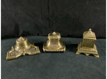 Antique Collection Of Metal Eastern Influence Inkstands Inkwells Victorian