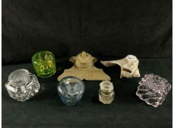 Antique Vintage Inkstands Inkwells Metal, Uranium Glass, Carved Shell Fish Inkstand