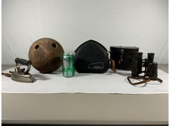 Misc Vintage Items Anitique Iron, Wooden Bowling Ball, VacORec Record Cleaner, Vintage Binoculars