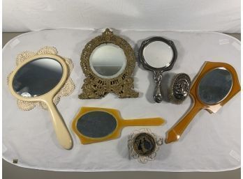 Antique Hand Mirror Collection, Standing Dresser Mirror, Powder, Mirror And Brush Set, Doilies