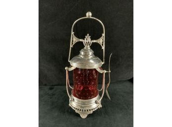 Pairpoint Mfg Co Quadruple Silverplate Hinged Pickle Castor Cranberry Thumbprint Glass With Lid And Fork