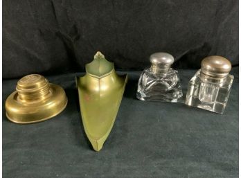 Unique Antique Metal And Glass Standish Inkwell Collection
