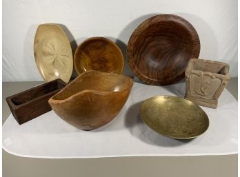 Assorted Wood And Brass Bowls, Container, Tray
