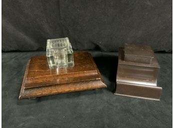 2 Antique Inkwell Standish Wood Glass Copper Bronze