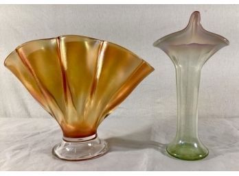 Vintage Pink Opal Jack In The Pulpit Vase, Fenton Melon Rib Fan Vase
