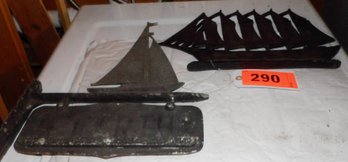 Sheet Iron Cut Out Seven Masted Wyoming Model And Cast Aluminum Clipper Ship Figure.